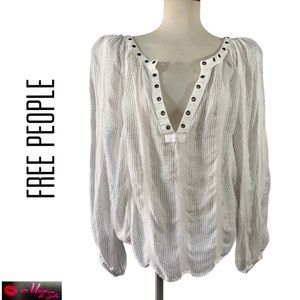 FREE PEOPLE Ivory Gray Metallic Bubble Sleeves Top